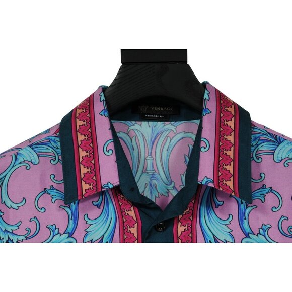 Versace Mens Floral Silk Button Down Shir 41 / 16 Purple Pink Blue Green Paisley - Picture 6 of 12